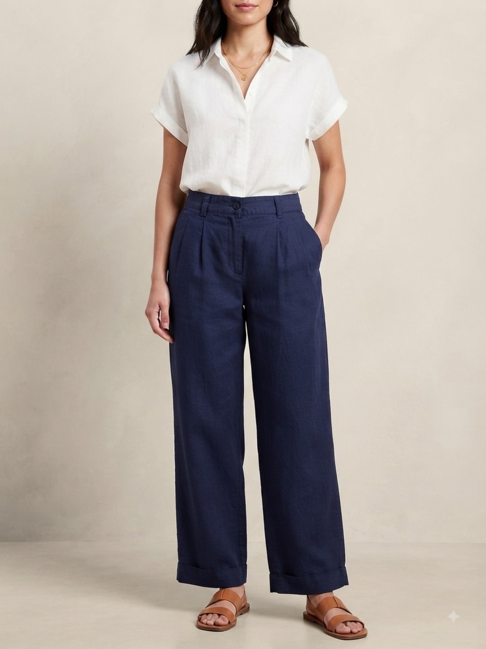Gap Pleated Linen Blend Pants Navy Blue Women’s Size 4 Petite Wide Leg